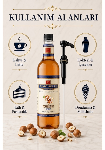 Simonelli Toffee Nut Karamelli Fındık Aromalı Kahve ve Kokteyl Şurubu 700 ML + Şurup Pompası - Latte Frappe Sıcak Soğuk Kahve ve Tatlı Şurubu