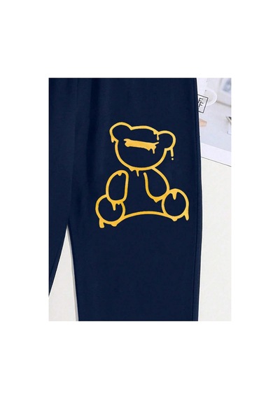 Tarzsokak Bear Print Drawstring Waist 4 Mevsim Eşofman Lacivert