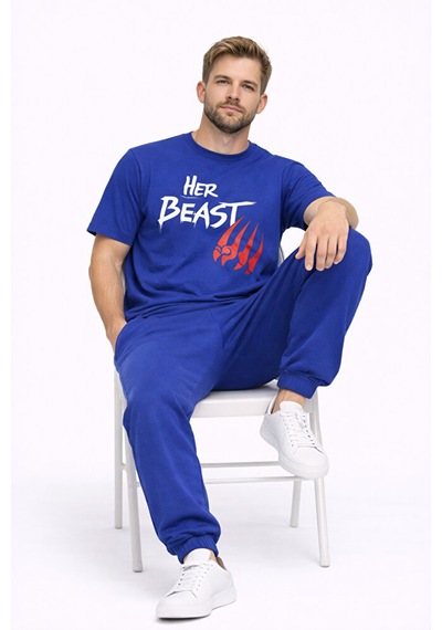 Sevgili Kombini Her Beast His Beauty Oversize Çift Tişört Unisex Lacivert