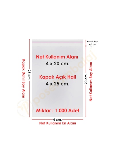 4x20+5 Cm. 4x25 1.000 Adet Şeffaf Bantlı Yapışkanlı Opp Poşet