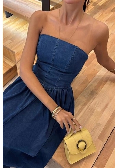 Defymoda Beli Pileli Straplez Denim Elbise 2886 Denim