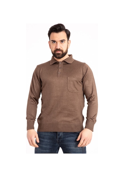 Nacar Store Erkek Kahverengi Ince Yün Triko Örgü Polo Yaka Baba Kazak