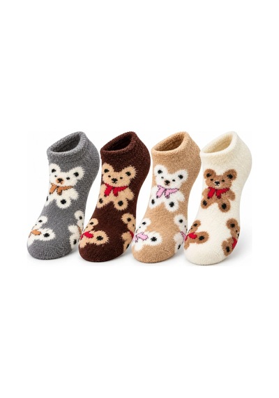 Genel Kadın Ayıcık Desenli Yumoş Patik Çorap 4'lü Set Peluş Yumuşak Sıcak Pa Çok Renkli / 36-40 / 4 Adet Çok  Renkli