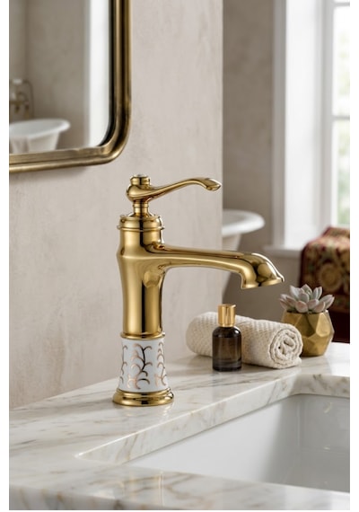Victoria Gold Porselen Gövde Lavabo Bataryası Altın