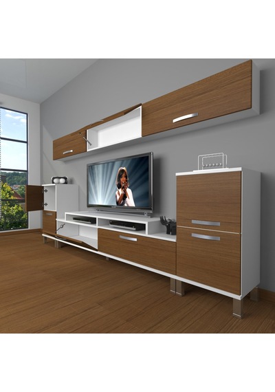 Decoraktiv Ekoflex 9 Slm Krom Ayaklı Tv Ünitesi Tv Sehpası Beyaz - Ceviz