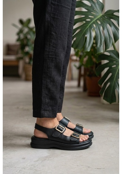 Giamgia Store Kadın Siyah İki Bantlı Kalın Taban Rahat Günlük Sandalet-2357