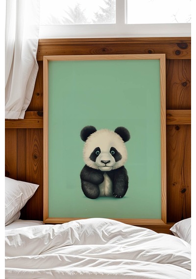Sevimli Yavru Panda Portresi Çerçeveli Tablo - Bebek Ve Çocuk Odası Modern Hayvan Duvar Dekoru Kayın