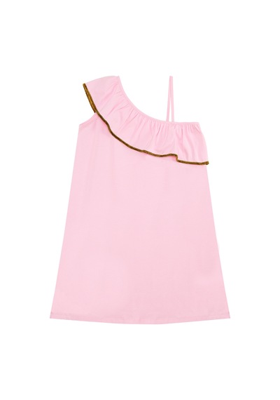 Denokids Kedi Kız Çocuk Yazlık Fırfırlı Penye Pembe Kız Elbise