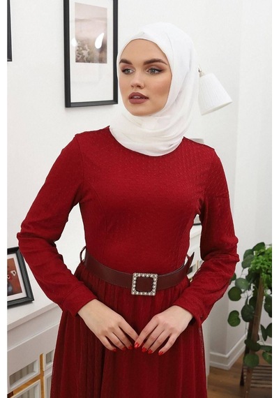 Neşeli Butik Bordo Tesettür Elbise