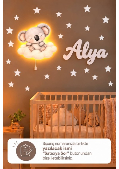 Ahşap Koala Lamba & Işıksız İsimlik Seti İsimli Bebek Ve Çocuk Odası Dekoru Gri