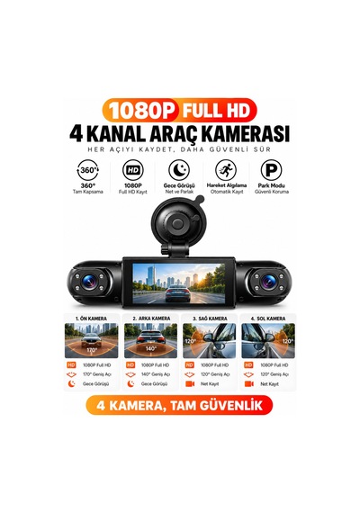 360 4 Kanal Araç İçi Kamera 1080p Full Hd Gece Görüşlü G-sensörlü Park Modu