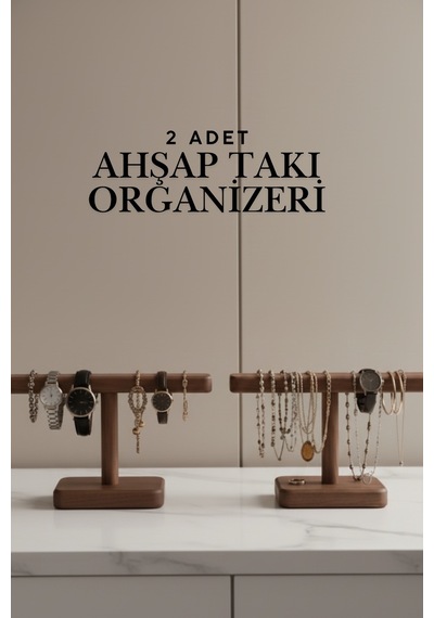 2'li Doğal Ahşap Takı Düzenleyici Seti, El Üretimi Takı Saat Standı Organizer Kahverengi Kahverengi