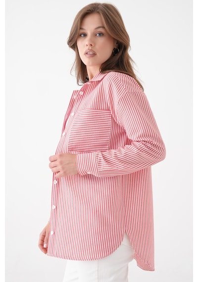 Saade Kırmızı Bürümcük Detaylı Çizgili Gömlek Kırmızı
