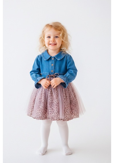 Babymod Denim Leopar Desenli Şık Özel Gün Kız Bebek Elbise Pembe