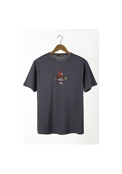 Kadın Antrasit Bisiklet Yaka Önü Mantar Şapkalı Kız Baskılı Oversize T-shirt Antrasit