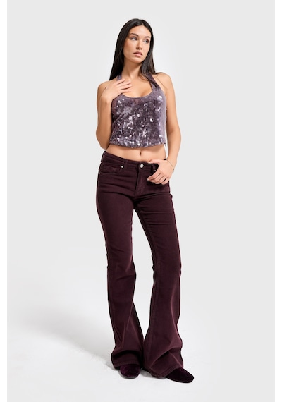 Itsbasic Kadın Koyu Bordo 29w5-153 Flare Fit Esnek İnce Fitilli Velvet Kadife Kumaş Pantolon