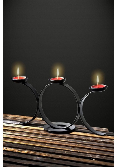 Bundera Siyah Çember Model Dekoratif Metal Ferforje Tealight Mum Dahil Şamdan Mumluk Çok Renkli