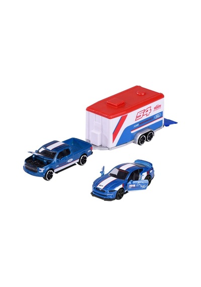 Majorette Race Trailer Ford F-150 Raptor + Mustang Gt