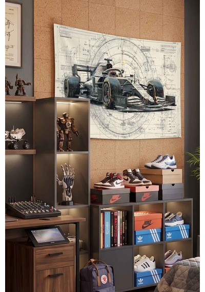 Formula 1 Yarış Aracı Teknik Çizim Dekoratif Duvar Örtüsü Duvar Halısı Beyaz