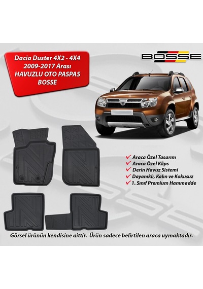 Dacia Duster Paspas 4X2 ve 4X4 Araca Özel 2009 2017 BOSSE 3D Havuzlu Oto Paspas Paspas