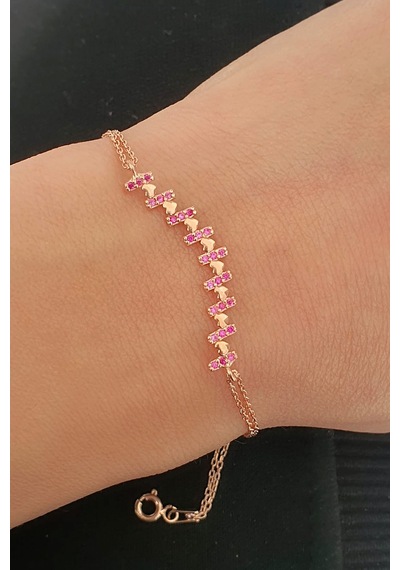 Pembe Zirkon Taşlı 925Ayar Gümüş Rose Kalpli Bileklik