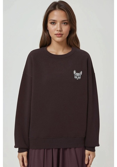 Hiccup Rahat Hayvan Nakışlı Şardonlu Bisiklet Yaka Hoodie Kestane Kahvesi