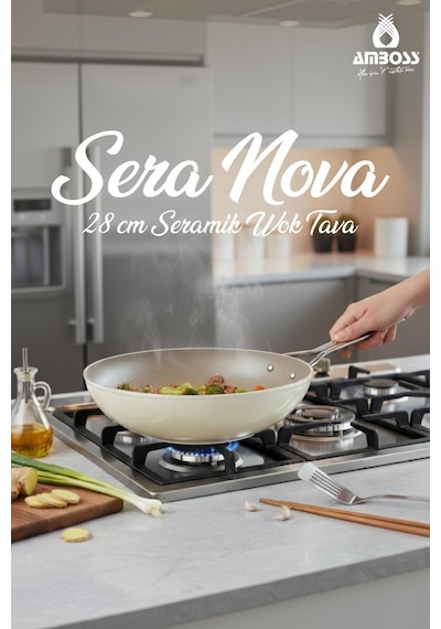 Sera Nova Doğal Seramik Wok Tava 28 Cm 2.8 Litre - Latte Krem