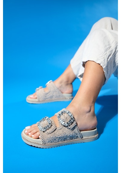Luvishoes Dungeon Bej Örme Çift Bantlı Taş Tokalı Kadın Terlik Bej