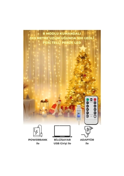 TechnoSmart Peri Telli Perde Led Işık Kumandalı 300 Ledli  3 x 3 metre Usb'li 8 Animasyonlu Günışığı Diğer