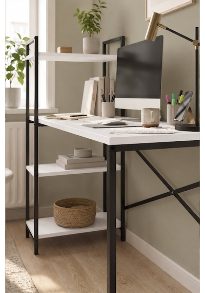 120x55 Cm Raflı Çalışma Masası Bilgisayar Masası Ofis Masası Ders Masası Cervantes Beyaz