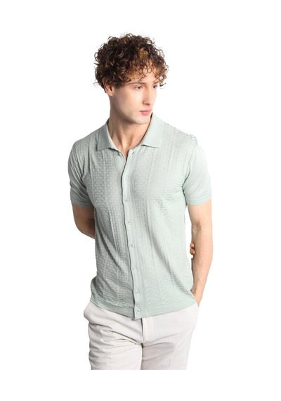 Açık Yeşil Slim Fit Dar Kalıp Düğmeli Polo Yaka Desenli Kısa Kollu Triko Tişört-16318 Yeşil