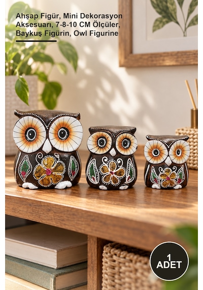 1 Adet Ahşap 3'lü Baykuş Seti Ahşap Figür, Mini Dekorasyon Aksesuarı, 7-8-10 Cm Ölçüler, Baykuş Figürin, Owl Figurine