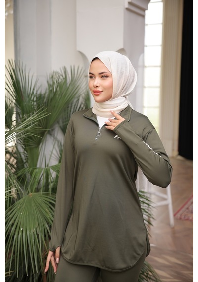 Mimi Luxury Wear Haki Kadın Fermuarlı Dalgıç Kumaş Standart Kalıp Jogger Eşofman Takımı 358