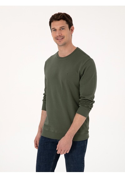 Haki Regular Fit %100 Pamuk 3 İplik Bisiklet Yaka Sweatshirt Yeşil
