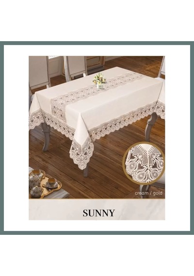 Bezos Parlak Keten Masa Örtüsü Tablecloth 160x220 Cm Yemek Masası Örtüsü Sunny Model Krem-gold Ventra