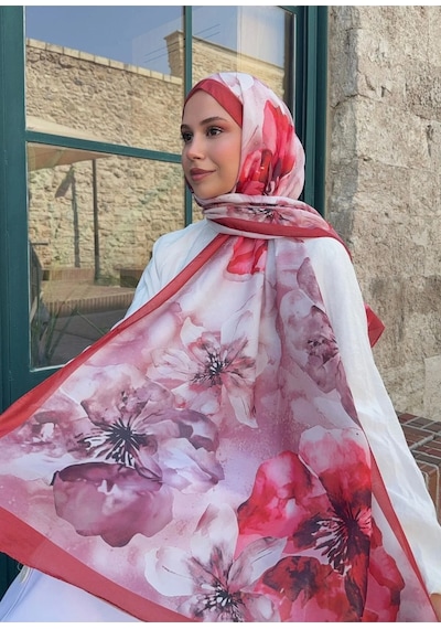 Mira İpek Gül Desen Pamuk Şal Bordo