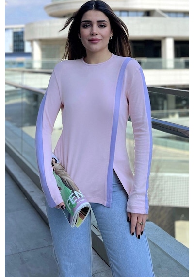 WeShaya Kadın Pembe Yuvarlak Yaka, Uzun Kol, Şerit Detaylı, Yırtmaçlı Rahat Bluz Pembe