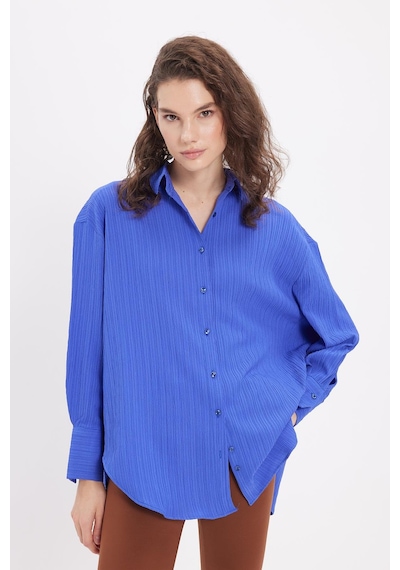 Tudors Kadın Oversize Geniş Kesim Bürümcük Pens Detaylı Uzun Kollu Dokulu Saks Mavi Gömlek-38812 Saks Mavi