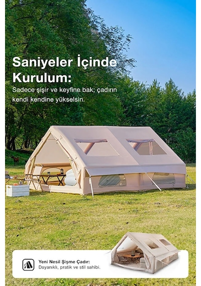 12 Kişilik 4 Mevsim Şişme Kamp Çadırı Su Geçirmez 210d Oxford Kumaş 12 M2 400x300x200 Cm Bej