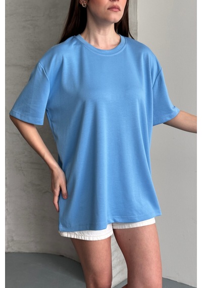 Balenbi Kadın Modal Bisiklet Yaka Basic Yarım Kollu T-shirt 1211 Mavi