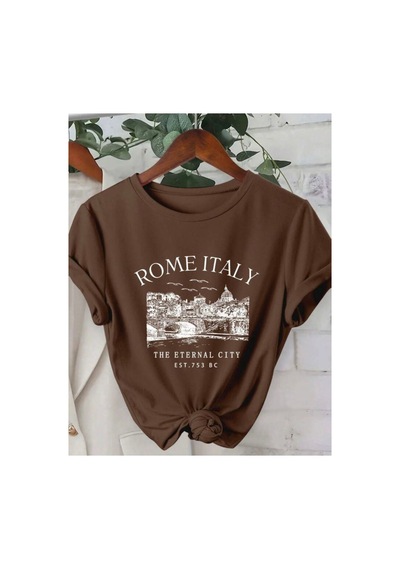 Medinenur Rome Italy Desen Baskılı Basic T-shirt Kahverengi