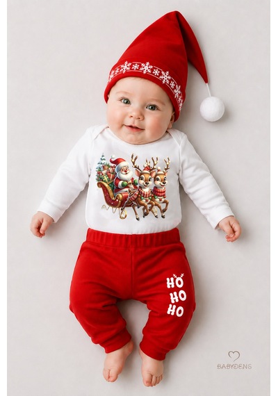 Babyden's Bebek Yılbaşı Noel Kıyafeti 3 Lü Takım,noel Baskılı Uzun Kollu Body ,kırmızı Pantolon,ponponlu Şapka Unisex Kırmızı - Beyaz