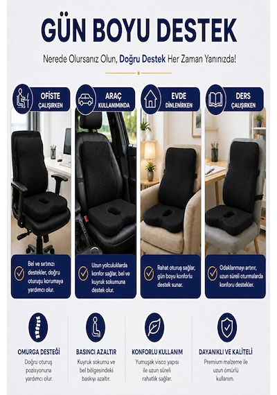 2 Li Ortopedik Visco Minder Seti Ergonomik Bel, Sırt Ve Kuyruk Sokumu Desteği Siyah