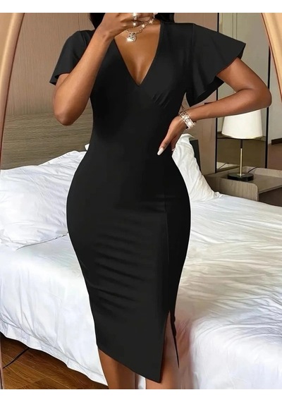 Valensdesign Kadın Kısa Kollu Derin Dekolte V Yakalı Yırtmaçlı Midi Janjan Krep Elbise Siyah Valensdesign Kadın Kısa Kollu Derin Dekolte V Yakalı Yırtmaçlı Midi Janjan Krep Elbise Siyah