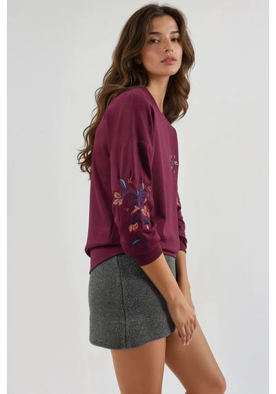 Hiccup Modal Dokulu İşlemeli Bisiklet Yaka Sweatshirt Berşan Collection Bordo Kırmızı