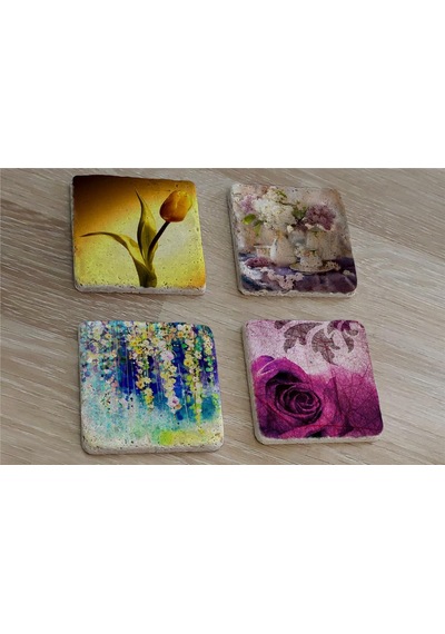 Lale Ve Çiçekler Doğal Taş Bardak Altlığı 4'lü Set - Natural Stone Coasters - Taş Çok Renkli