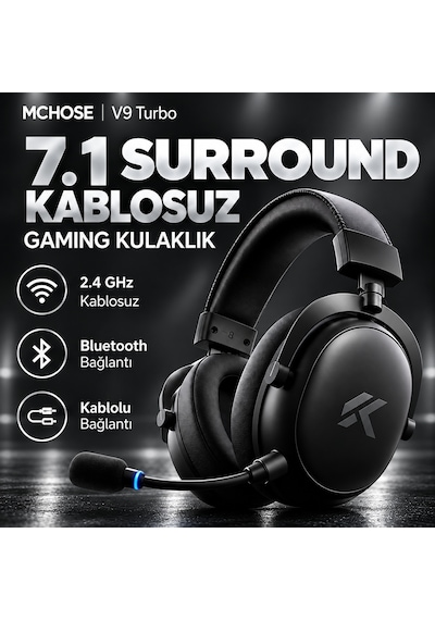 Mchose V9 Turbo+ Steel Black 7.1 Surround Kablosuz Gaming Kulaklık Hw-v9-14
