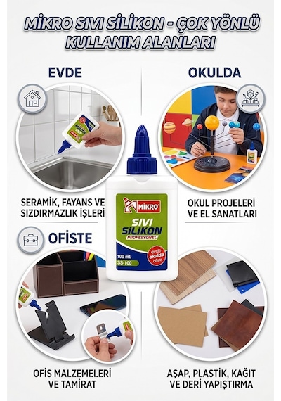 Sıvı Silikon Yapıştırıcı 100 Ml 3 Adet Mikro Silikon Yapıştırıcı Sıvı 100 Gr Plastik Cam Mermer Kağıt Karton Tahta Köpük