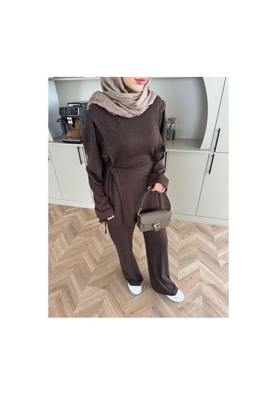 Unika Boutique Melora Scuba Taşlı Tesettür Alt Üst Takım Kahverengi