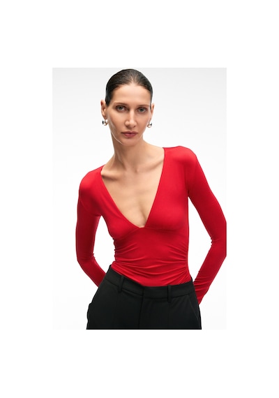 Grımelange TEVRINE Kadın Kruvaze Yakalı Esnek Kumaşlı Uzun Kollu Çıtçıt Kapamalı Slim Fit Kırmızı Bluz